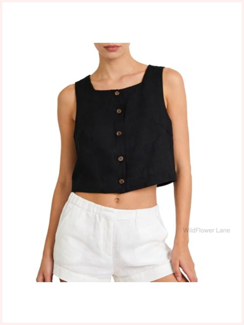 Womens 100% Linen Square Neck Crop Tank Top Sleeveless Button Front